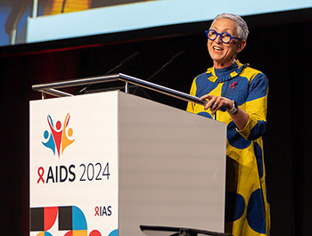 PURPOSE 1 lead investigator Dr. Linda-Gail Bekker presenting results at AIDS 2024 (Photo © Gonzalo Bell / IAS)